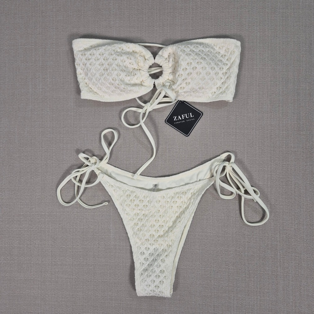 Zaful Textured Bandeau Bikini Set White Lace Up Side Tie Swimwear Size Small NEW